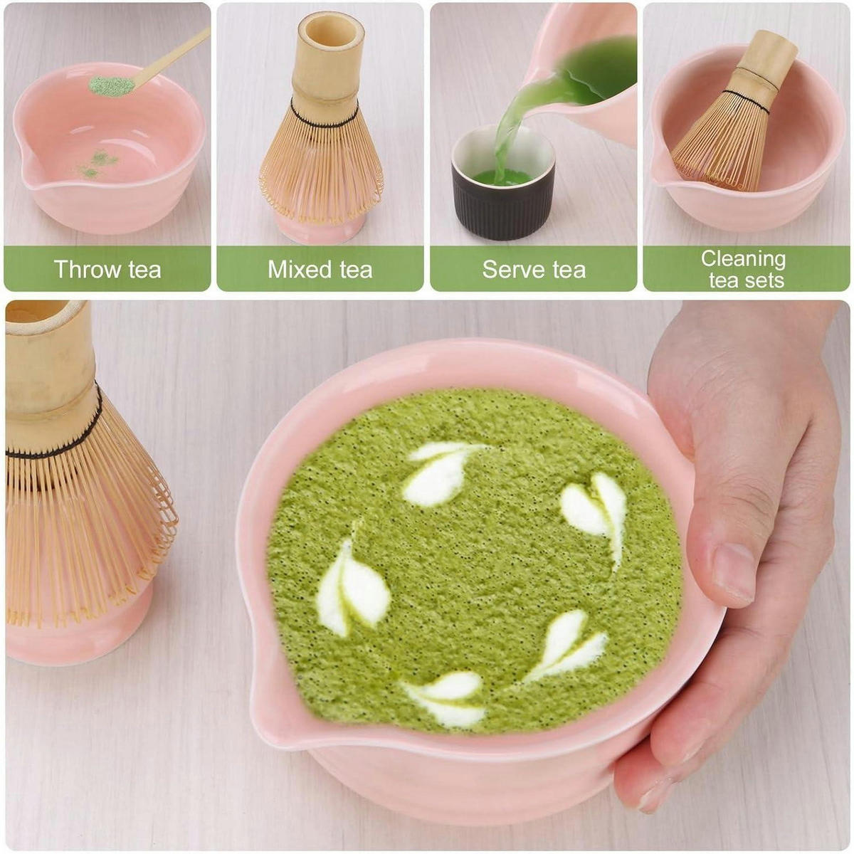 MATCHA-SET 5-teilig Rosa mit Besen, Schale und Löffel - Rosa, Keramik (14/10/14cm)