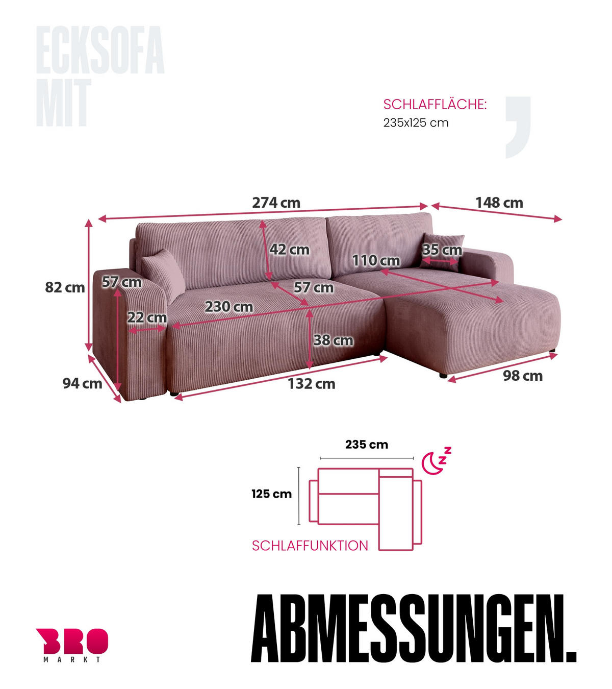 ECKSOFA PUMI XL mit Schlaffunktion Puderrosa Cord - Rosa, Textil (274/148cm) - Bromarkt