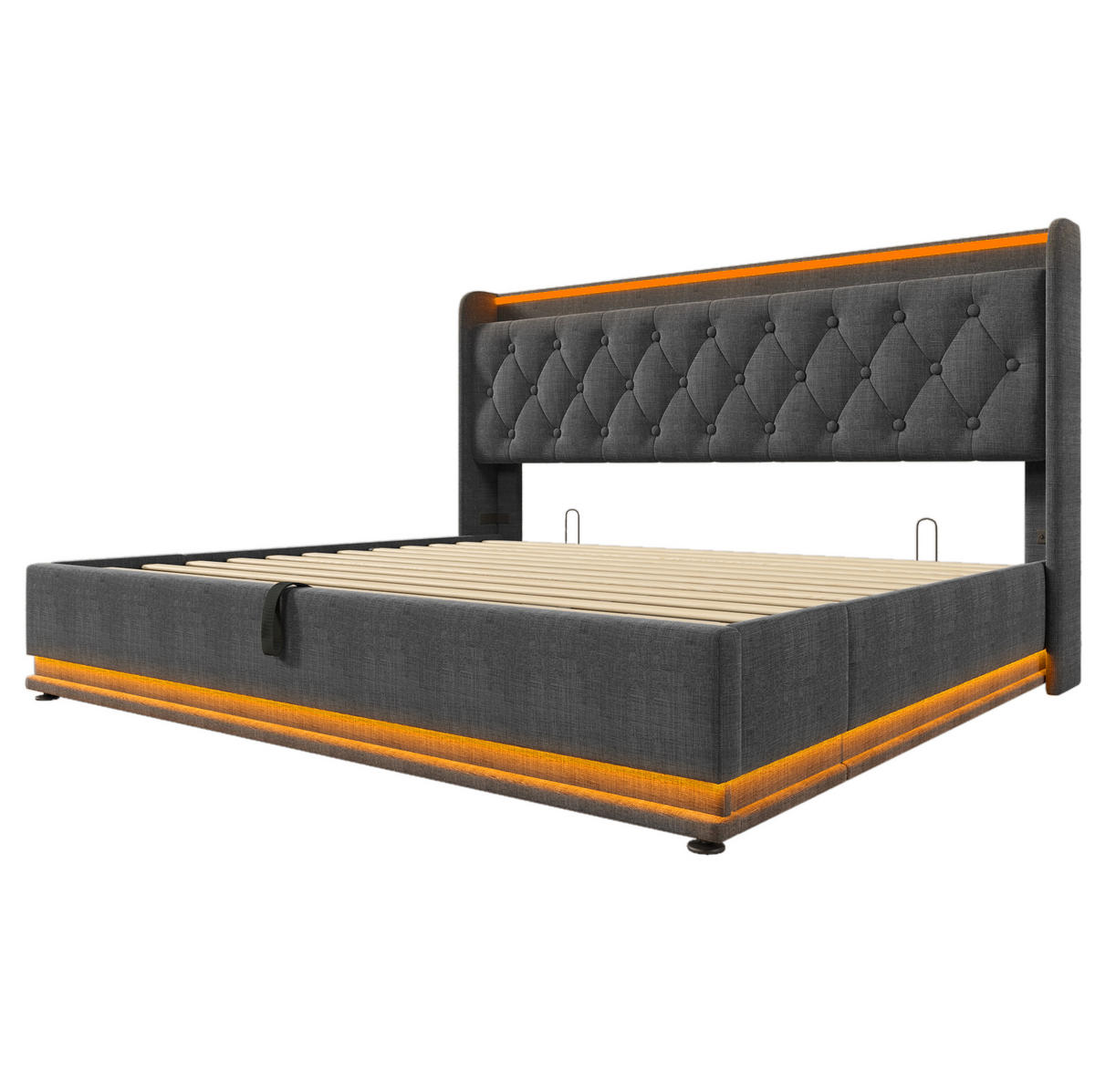 POLSTERBETT 180/200 cm mit hydraulischem Bettkasten, 360° LED und USB/Typ-C im Kopfteil,Grau - Grau, Textil (180/200cm) - Redom