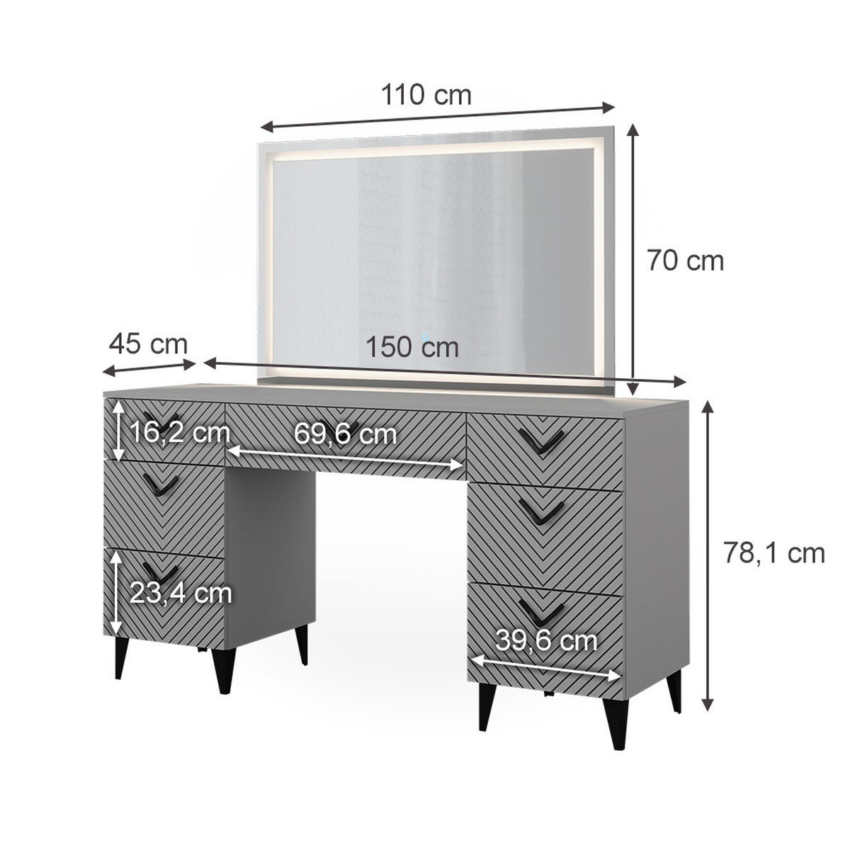 SCHMINKTISCH Anett Grau 150 cm mit LED-Spiegel - Grau, Holzwerkstoff (150/78.1/45cm) - Vicco