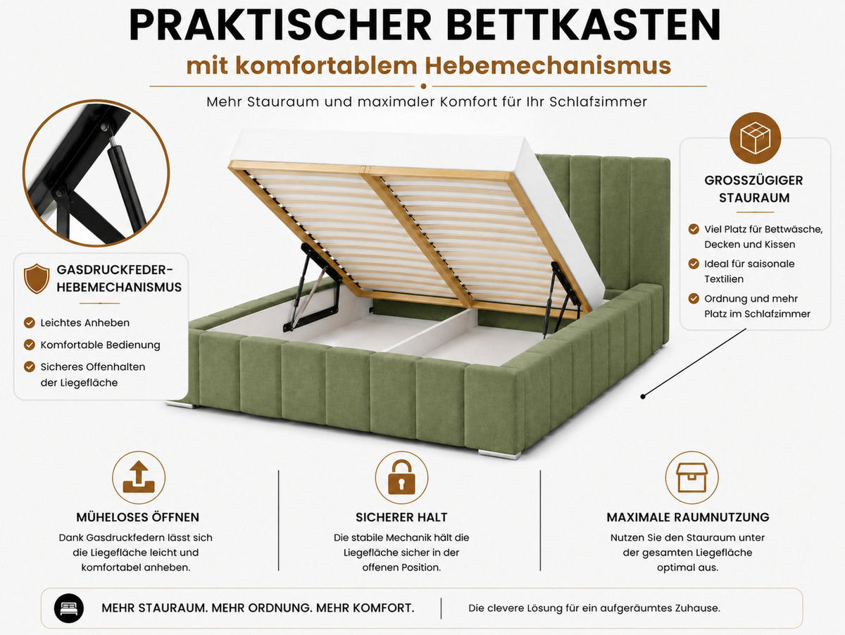 MARPUR Polsterbett MENOS 180x200 cm mit Bettkasten und Lattenrost, Veloursstoff Grün - Chromfarben/Grün, Holz/Holzwerkstoff (180/200cm) - Marpur