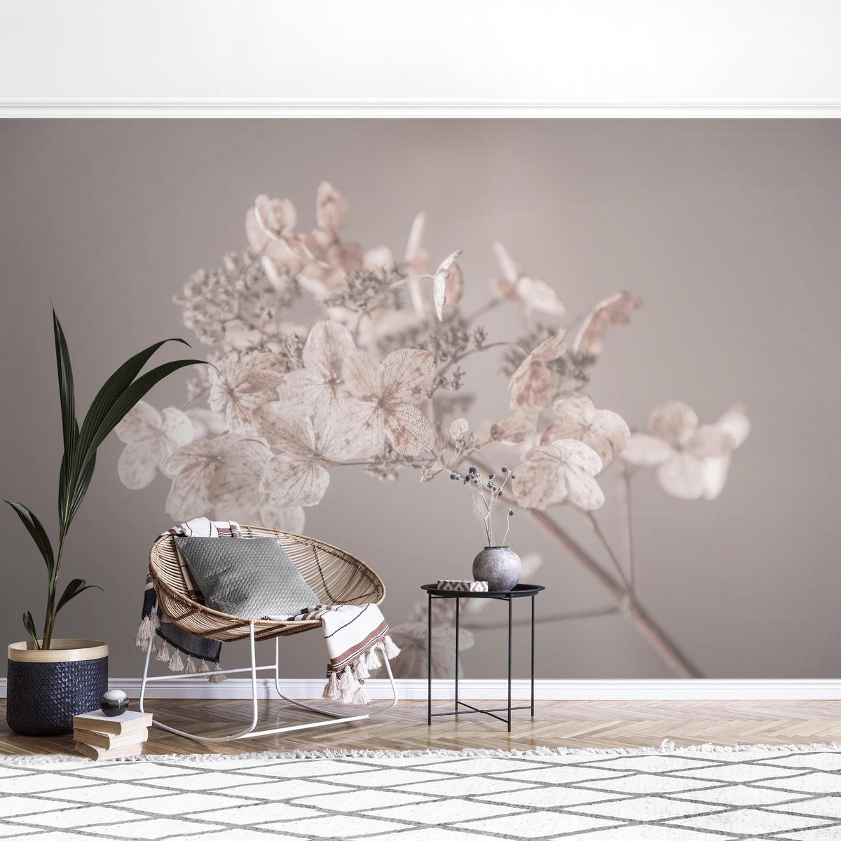 FOTOTAPETE Zarte weiße Hortensie 336/225 cm - Eichefarben, Papier (336/225cm) - Bilderwelten