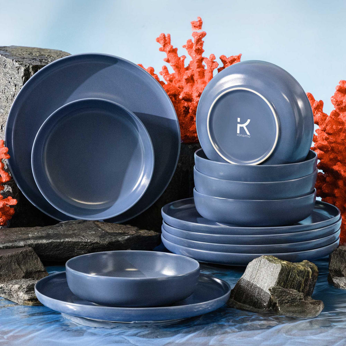 TAFELSERVICE VICTO matt blau 6 Personen 12-tlg - Blau, Keramik (27/2/27cm) - KONSIMO®