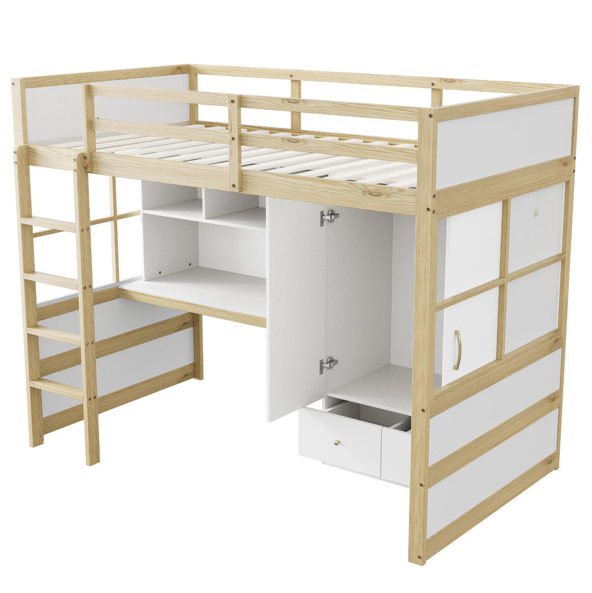 HOCHBETT aus Kiefernholz 90x200 cm Natur mit Schreibtisch, Kleiderschrank und Schubladen - Naturfarben, Holz (90/200cm) - IVMEU