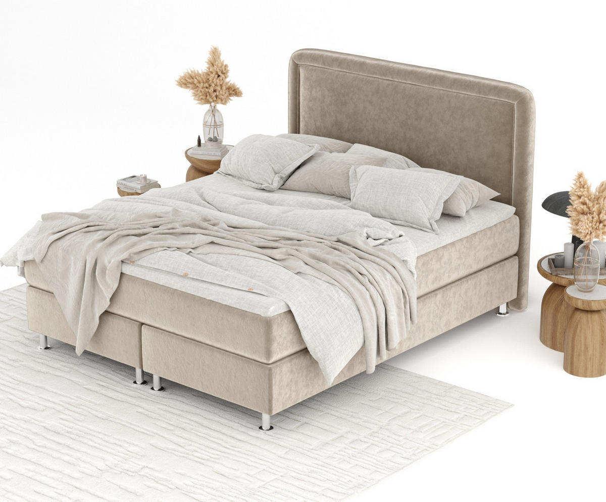 BOXBETT Salvi Beige 180/200 cm mit Matratze und Topper - Beige/Silberfarben, Holz/Holzwerkstoff (180/200cm) - Maison de Reve