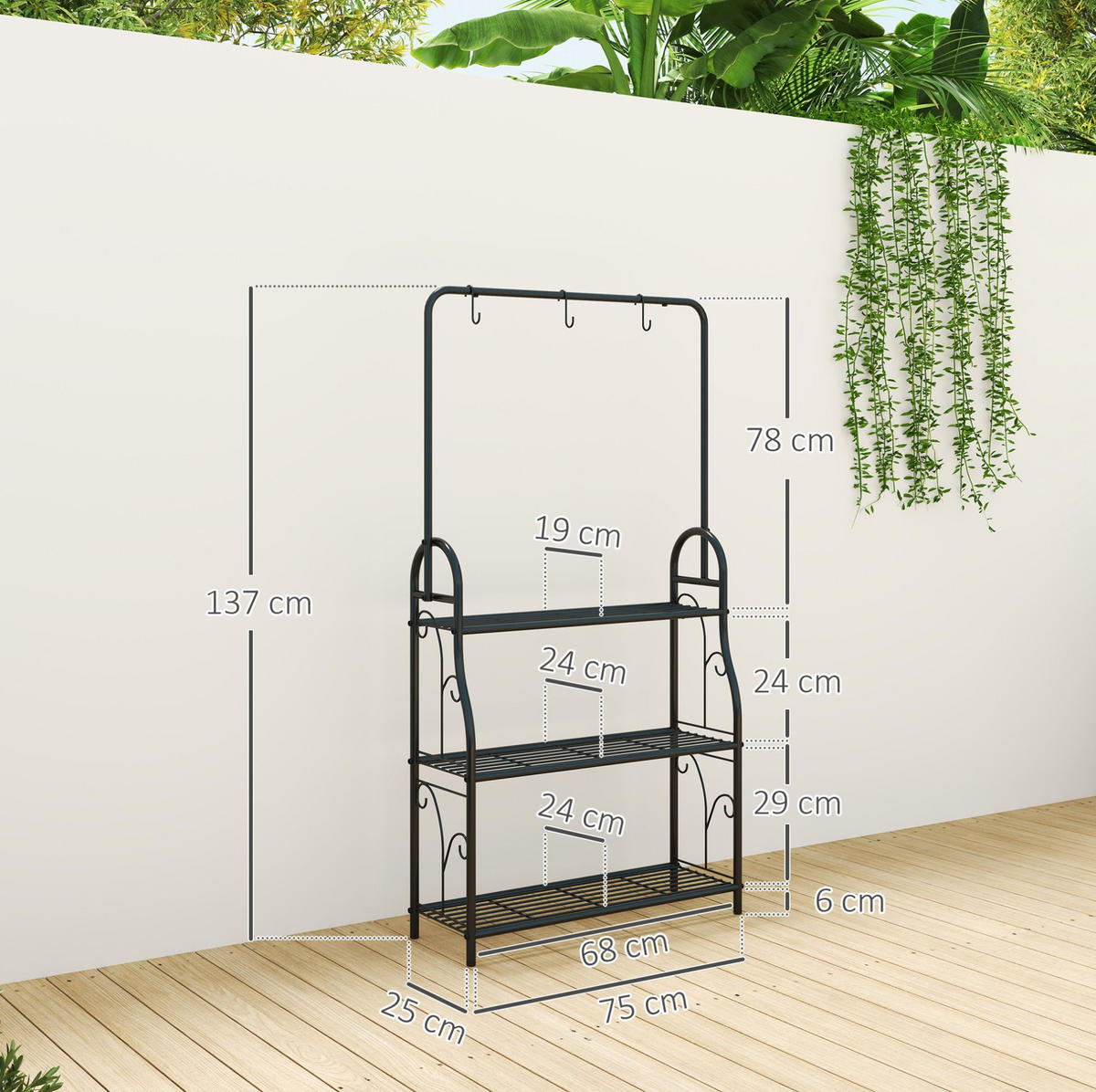 PFLANZENSTÄNDER 75/25/137 cm mit 3 Ebenen, Hängestange und Haken aus Metall, platzsparend, Schwarz - Schwarz, Metall (25/137/75cm) - Redom