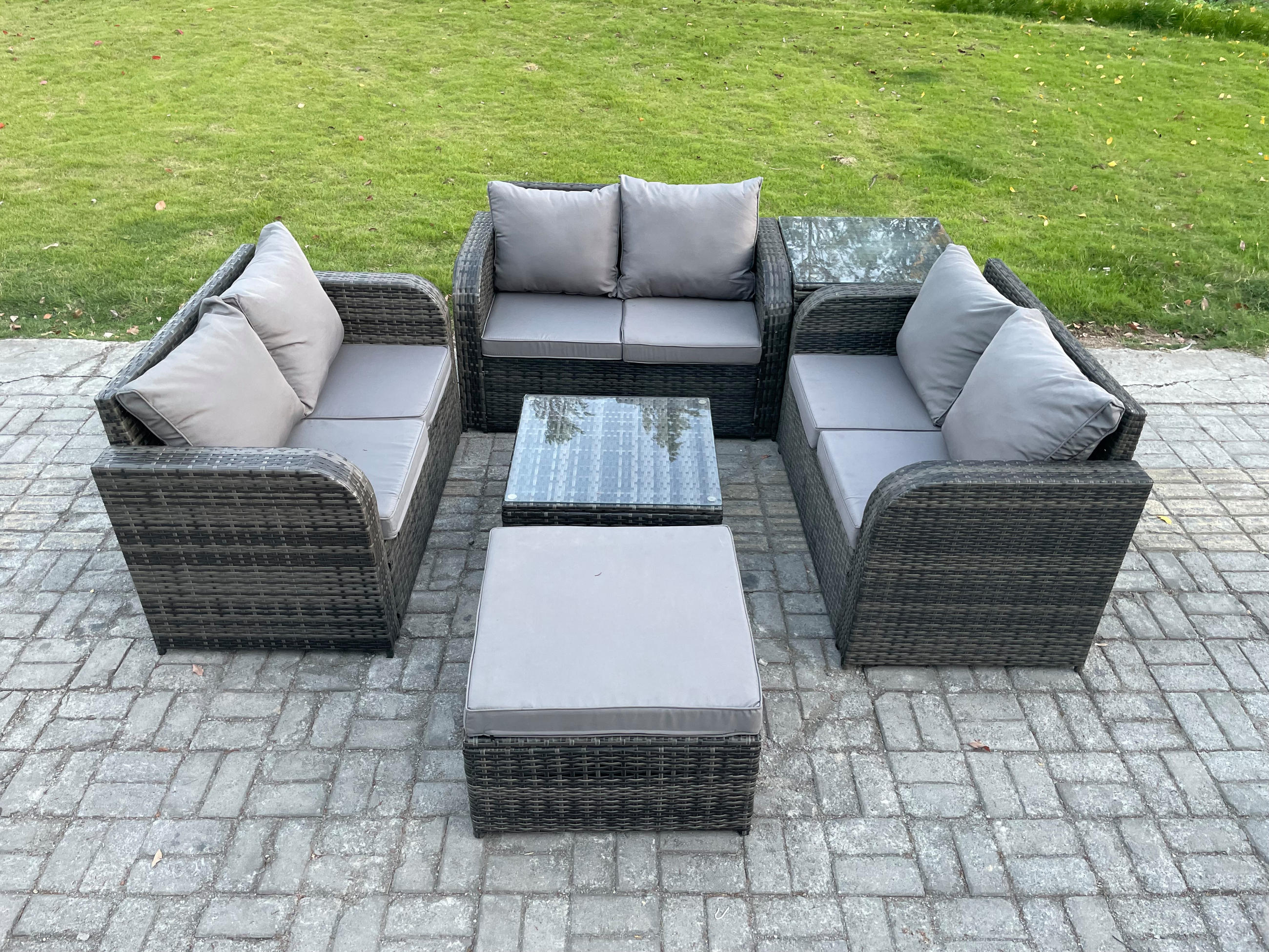 LOUNGESOFA-SET Polyrattan Dunkelgrau 7-Sitzer - Dunkelgrau, Metall - Fimous
