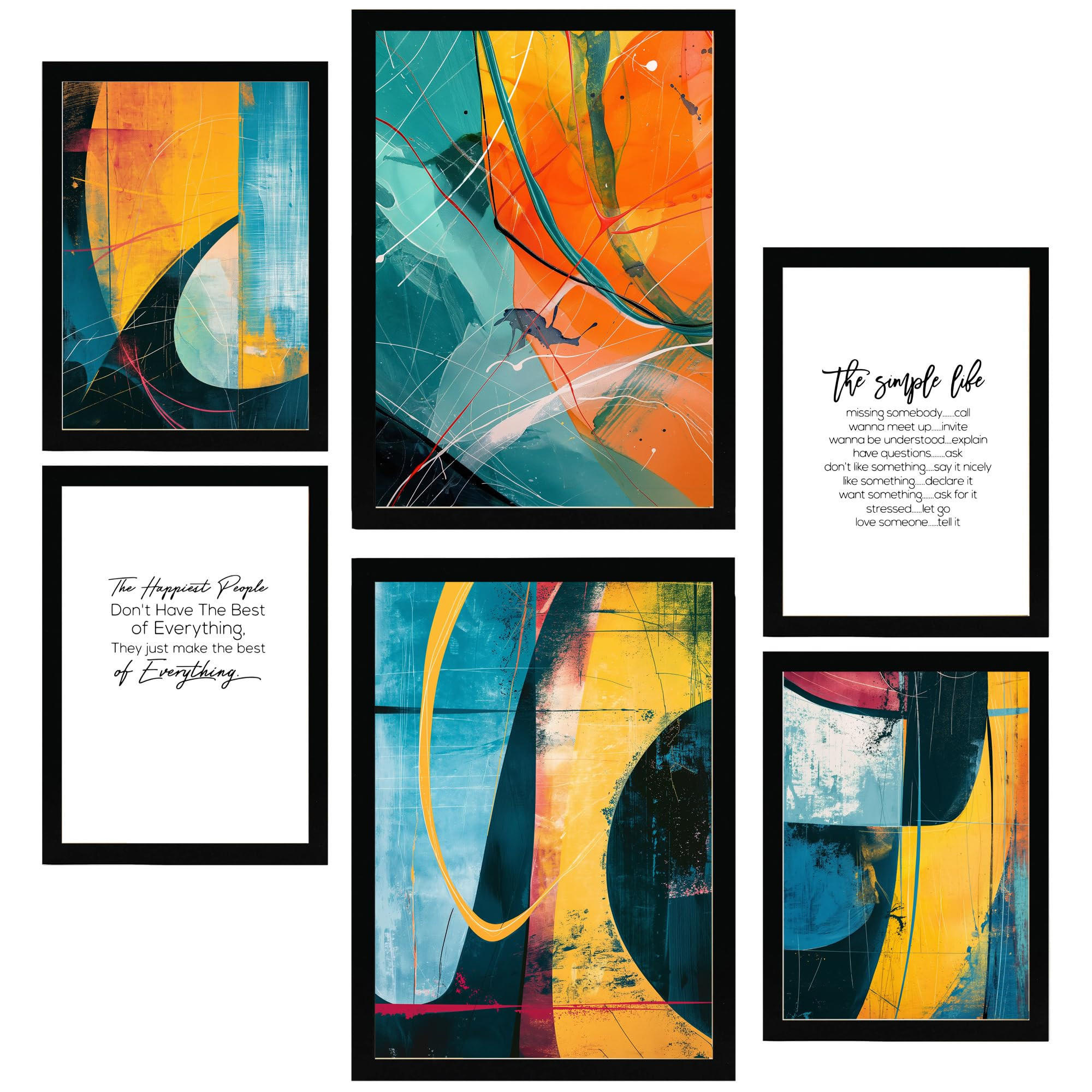 POSTER Set Mit 6 Abstrakte Farben Gelb Orange Blaue Formen A3 & A4 Schwarzer Rahmen - Schwarz, Papier (29/3cm) - Nacnic