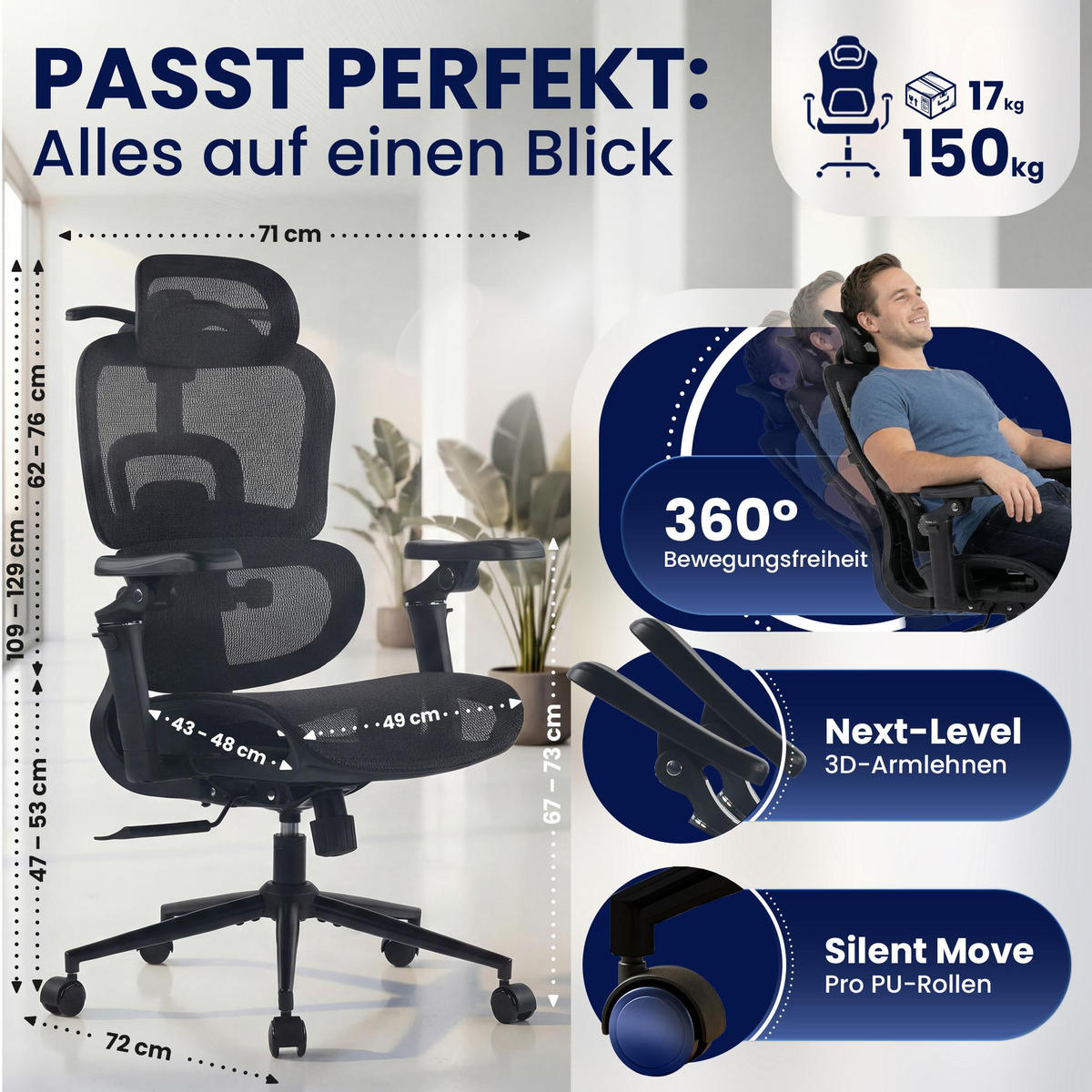 CHEFSESSEL Netzstoff Schwarz - Schwarz, Textil/Metall (71/109/72cm) - CLP