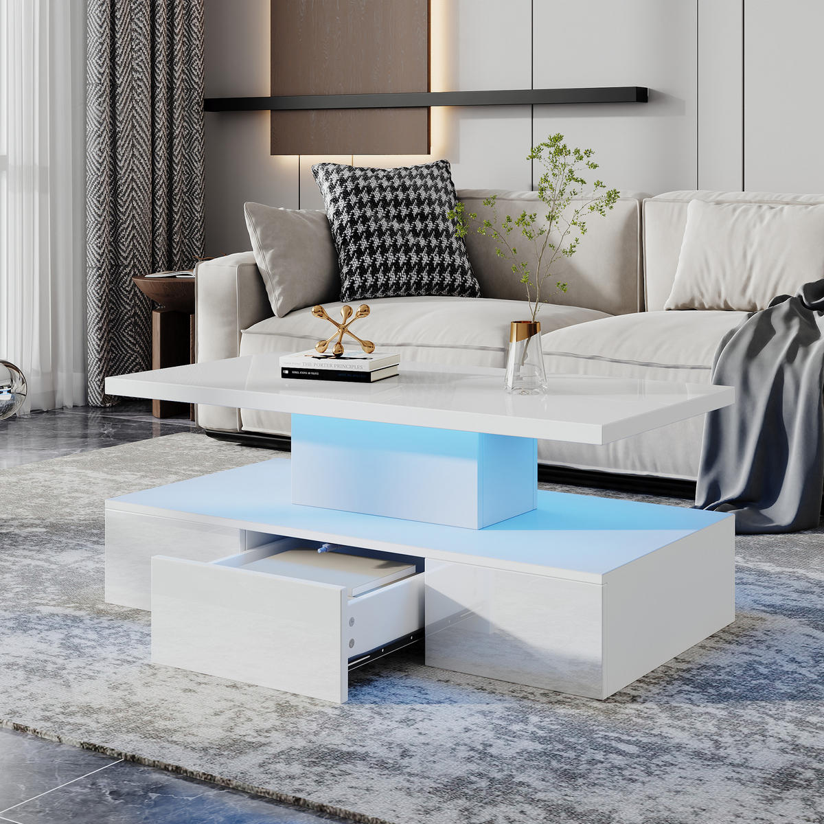 COUCHTISCH LED Hochglanz Weiß 2-stufig mit Schublade 100x50cm - Weiß, Holzwerkstoff (100/50/39cm) - FLIEKS