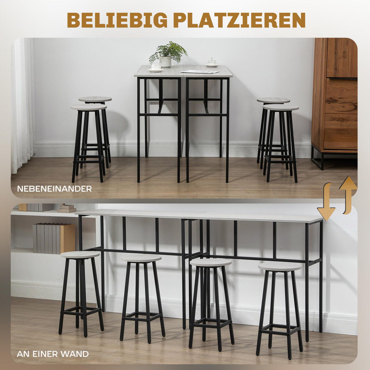 BARTISCH-SET, Spanplatte, Grau+Schwarz - Grau, Kunststoff (40/90/100cm) - HOMCOM