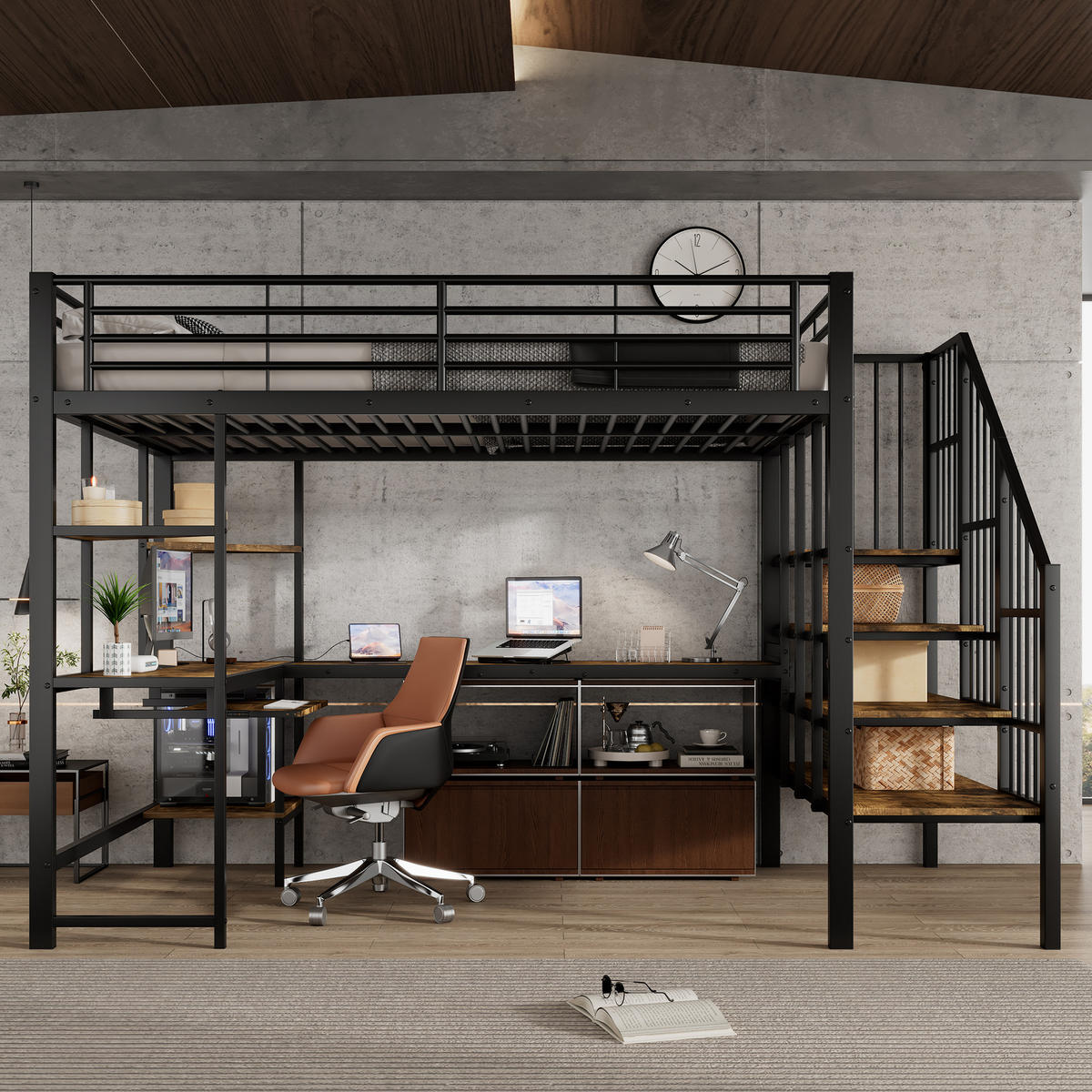 HOCHBETT 120/200 cm in Schwarz & Dunkelwalnuss mit Ladeanschluss, Ecktreppe und Schreibtisch - Schwarz, Holzwerkstoff/Metall (120/200cm) - CHICFURN
