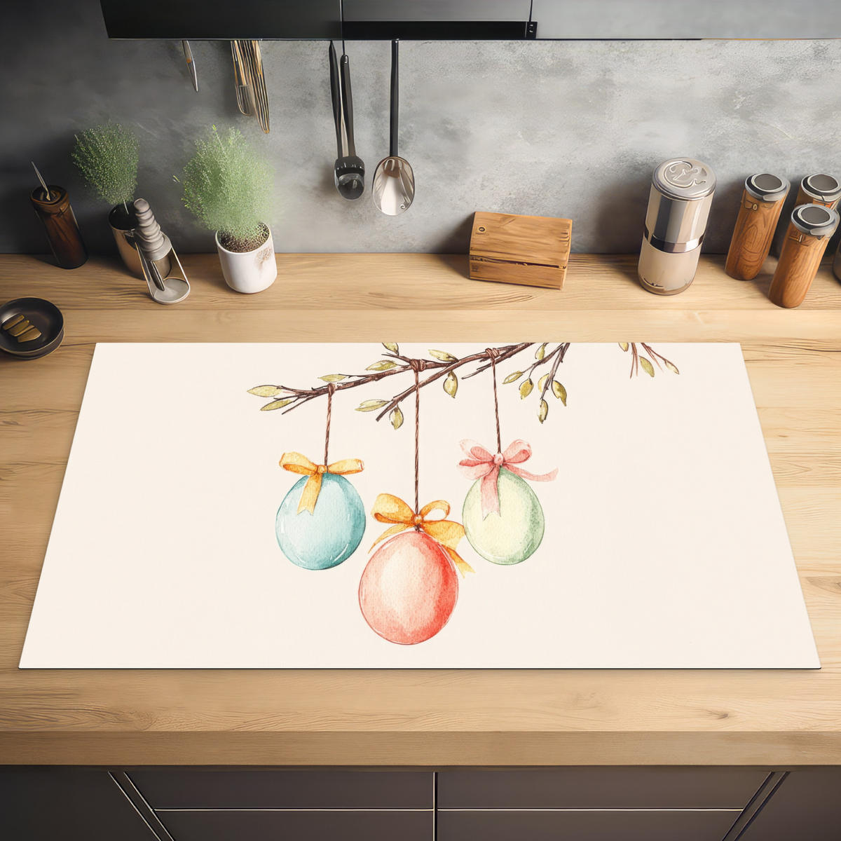 HERDABDECKPLATTE Osterkuchen - Schleife - Eier Ceranfeldabdeckung 90x52 cm - Creme, Kunststoff (90/52/0.2cm) - MuchoWow