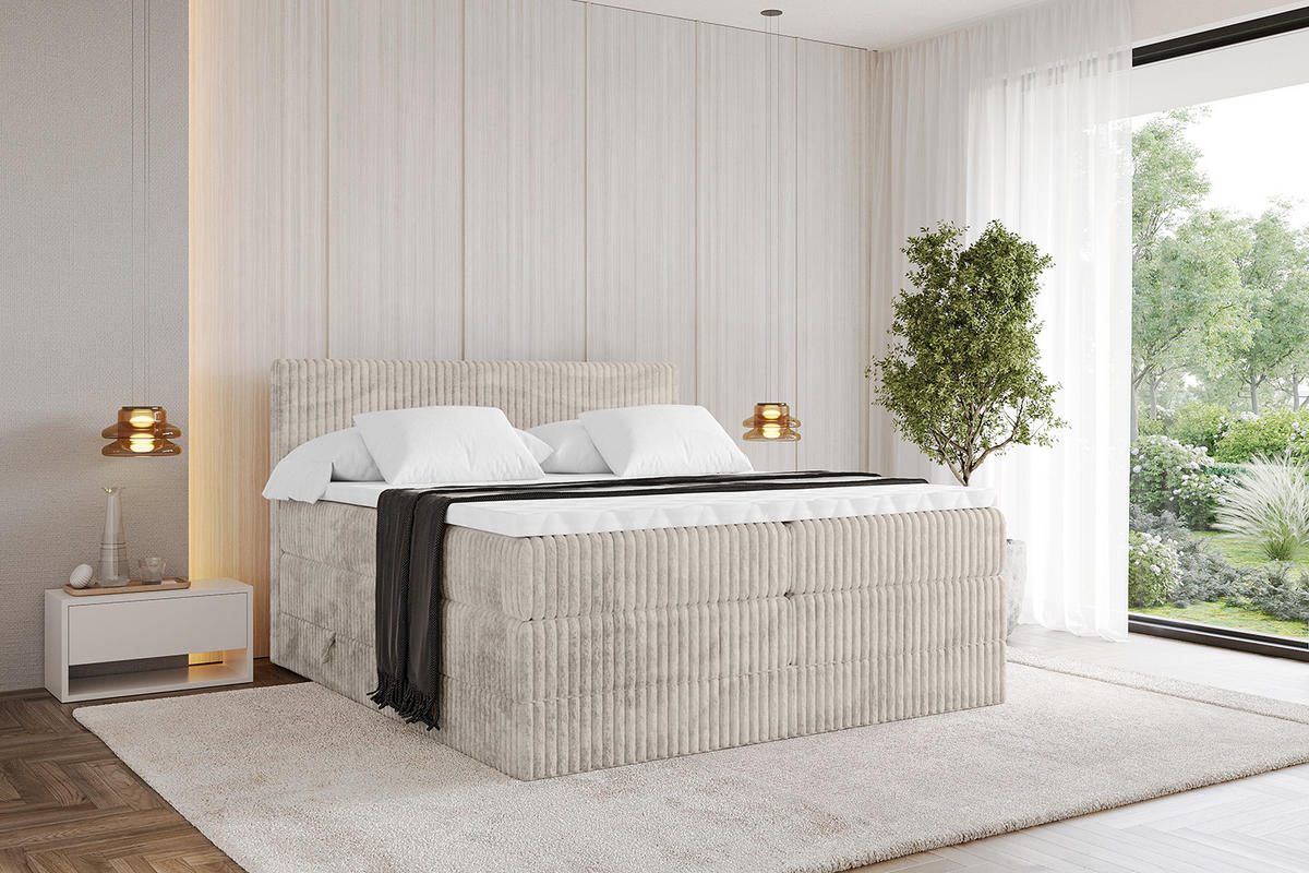 BOXSPRINGBETT mit Matratze H3|H4 und Lattenrost - TOLO KING 200x200 Cord - Creme - Creme, Holzwerkstoff (200/200cm) - ALTDECOR