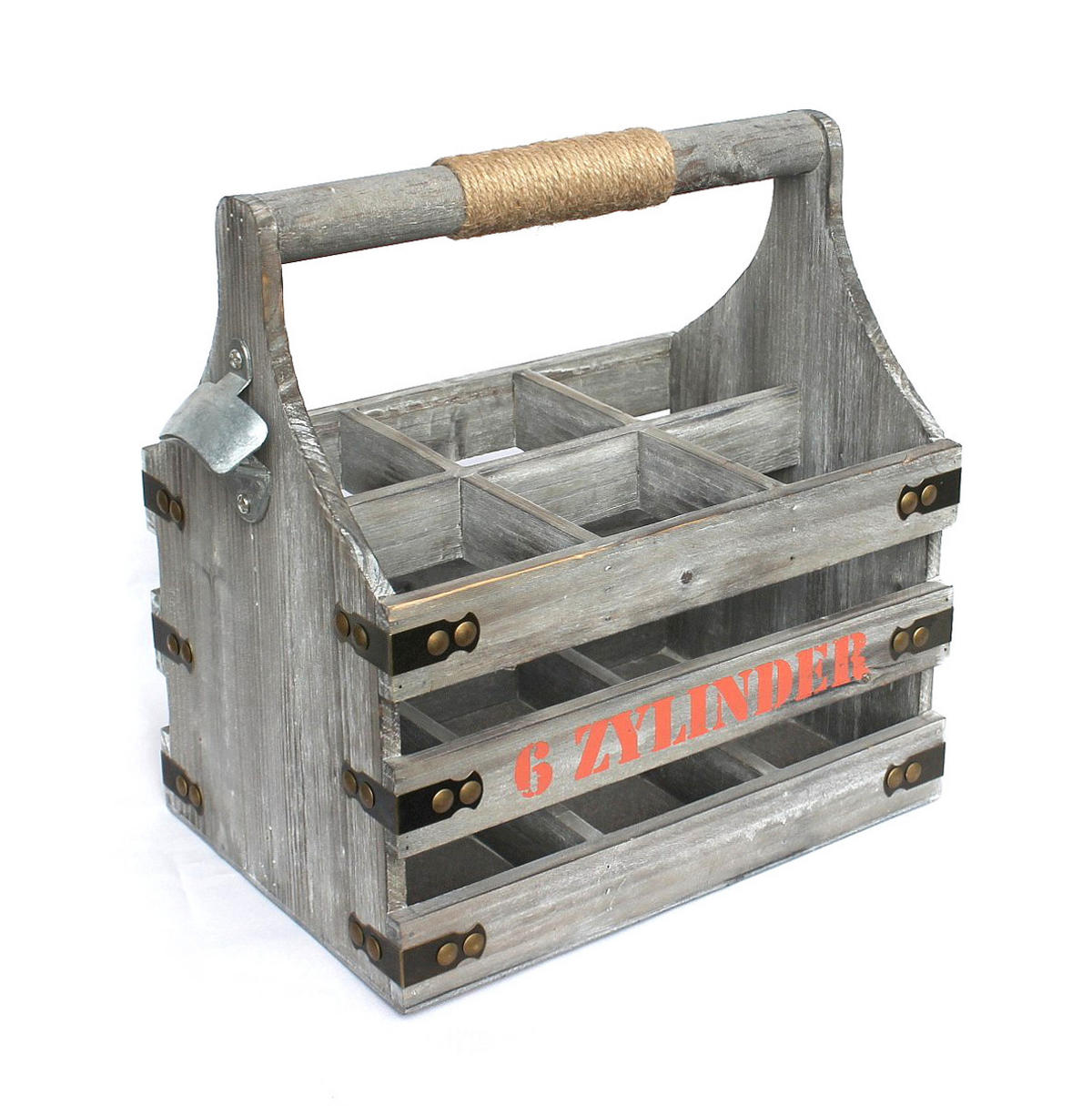 BIERTRÄGER mit Flaschenöffner Flaschenträger 6 Zylinder Bierkiste aus Holz 32cm - Grau, Holz (31/32/21cm) - DanDiBo