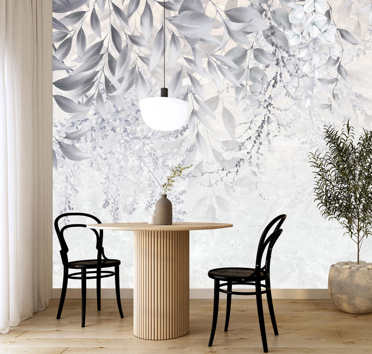 FOTOTAPETE für Schlafzimmer Subtile Rankenblätter Grau 250x175 - Weiß/Grau, Papier (250/175cm) - Muralo