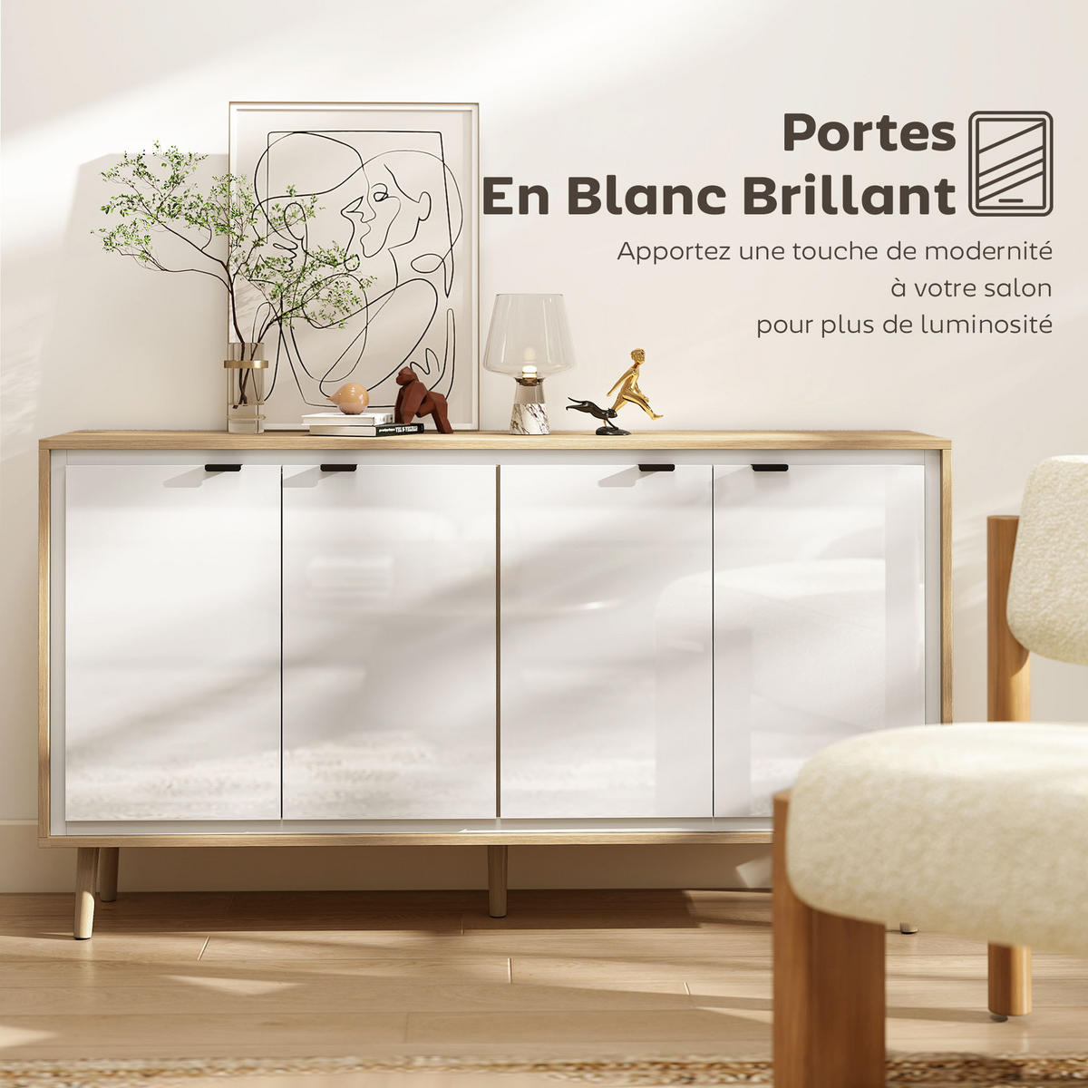 SIDEBOARD DE-11234 Hochglanz, 4 Türen & verstellbare Böden Weiß/Eiche - Weiß, Holzwerkstoff (141/77/35cm) - ComfortXL