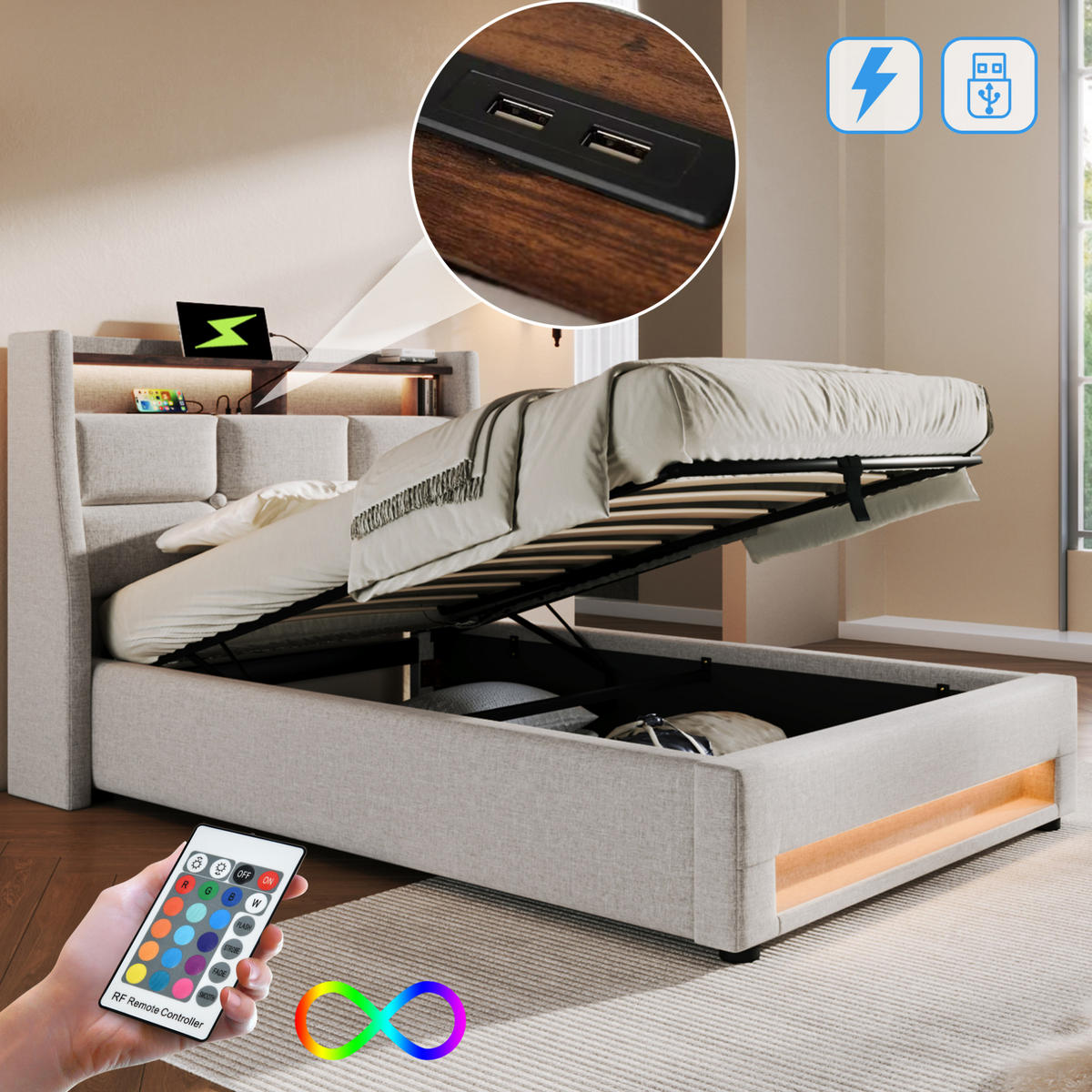 POLSTERBETT 90/200 cm Hellbeige aus Leinenmaterial mit LED und USB - Beige, Textil (90/200cm) - OKMYHOME