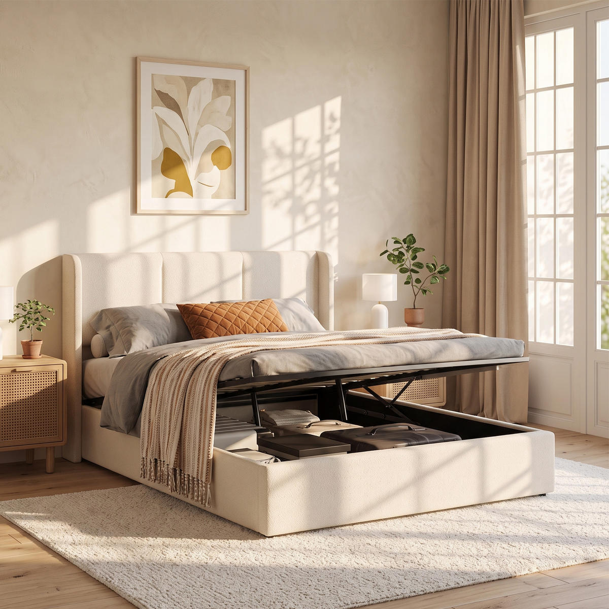 POLSTERBETT 160x200 cm mit Bettkasten und gepolstertem Kopfteil, Lattenrost mit Stauraum, Leinenbezug in Beige - Beige, Holz/Textil (160/200cm) - GENKI LIVING