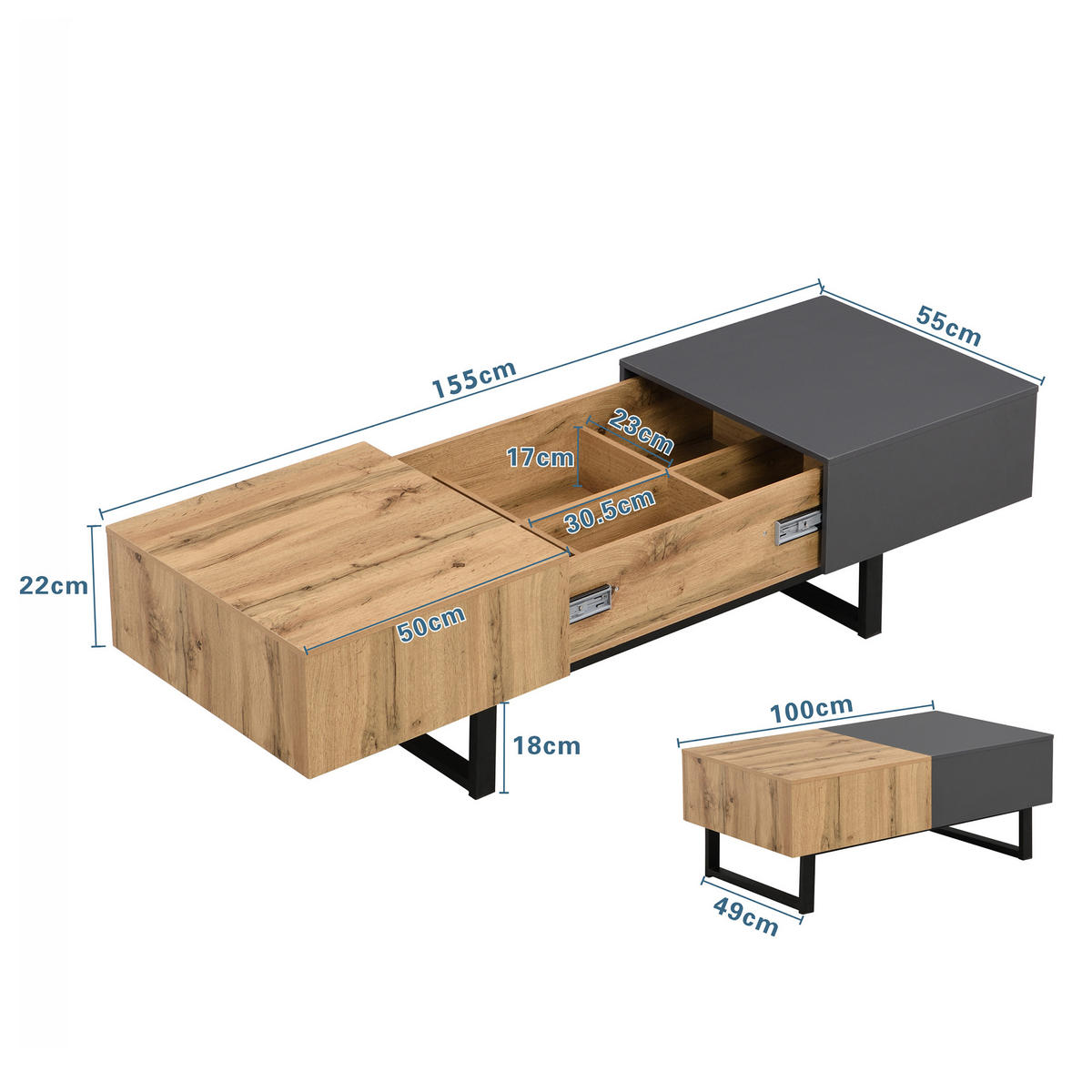 COUCHTISCH 155/55/40 cm in Holz mit flexiblem Stauraum - Naturfarben, Holzwerkstoff (100/40/55cm) - OKWISH