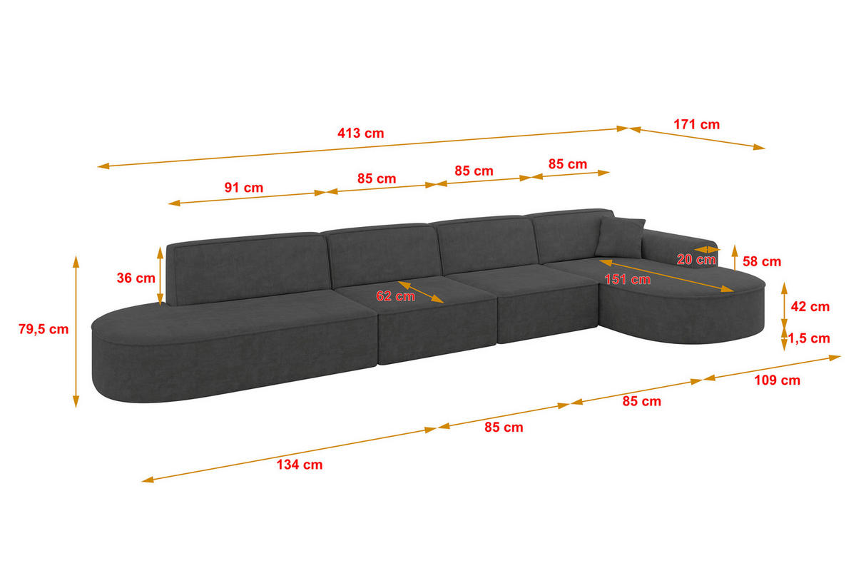 ECKSOFA Ottomane Rechts MARI-L3 - 413x171x79 cm Dunkelgrau Velours - Dunkelgrau/Schwarz, Holzwerkstoff/Kunststoff (171/413cm) - ALTDECOR