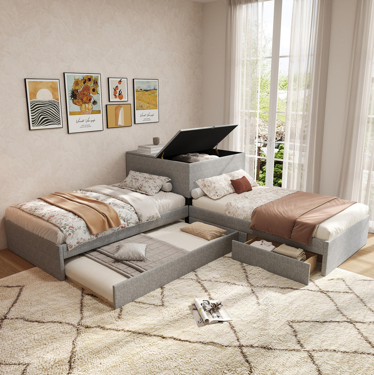 POLSTERBETT 90/200 cm Grau mit Polsterbett und Stauraum - Grau, Textil (90/200cm) - Flora Grace