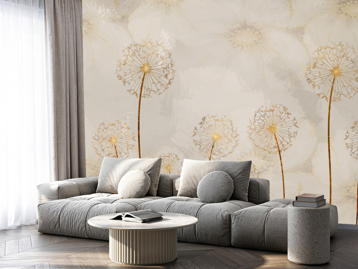 FOTOTAPETE für Schlafzimmer Goldene Löwenzahn Aquarell Blumen 450x315 - Gelb/Beige, Papier (450/315cm) - Muralo