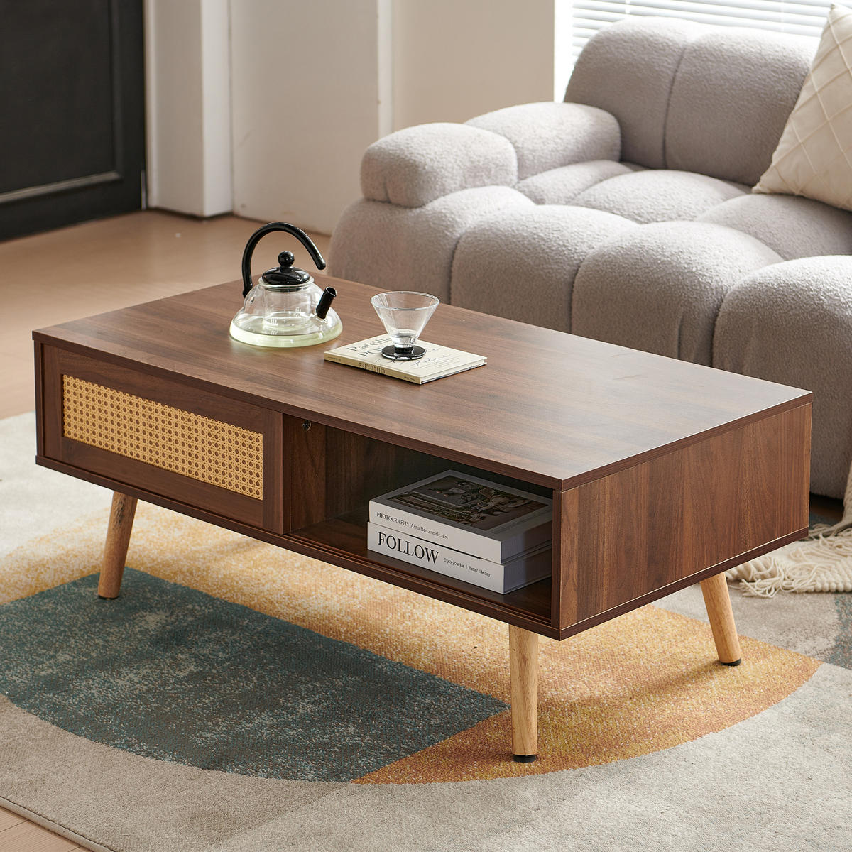 COUCHTISCH in Braun Korbgeflochtener Teetisch mit Schiebetüren für Wohnzimmer, B105/T55/H40cm - Naturfarben/Braun, Holzwerkstoff (55/105/40cm) - STILVORA