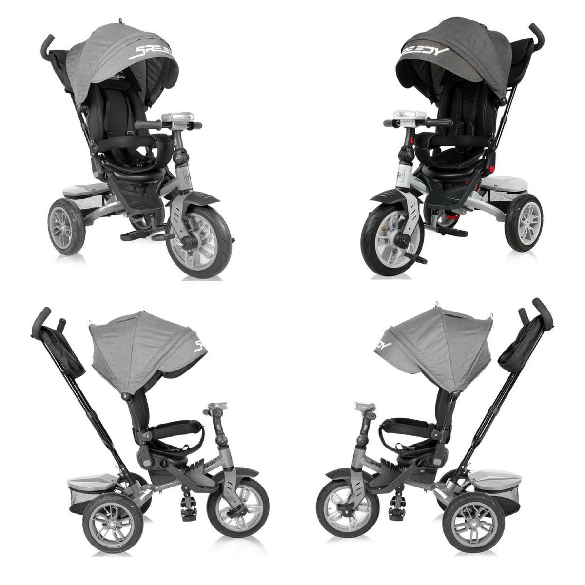 DREIRAD Speedy Luftreifen schwarz grau Luftreifen, drehbarer Sitz, Musik, Licht, Schubstange - Grau, Metall (109/52/102cm) - Lorelli