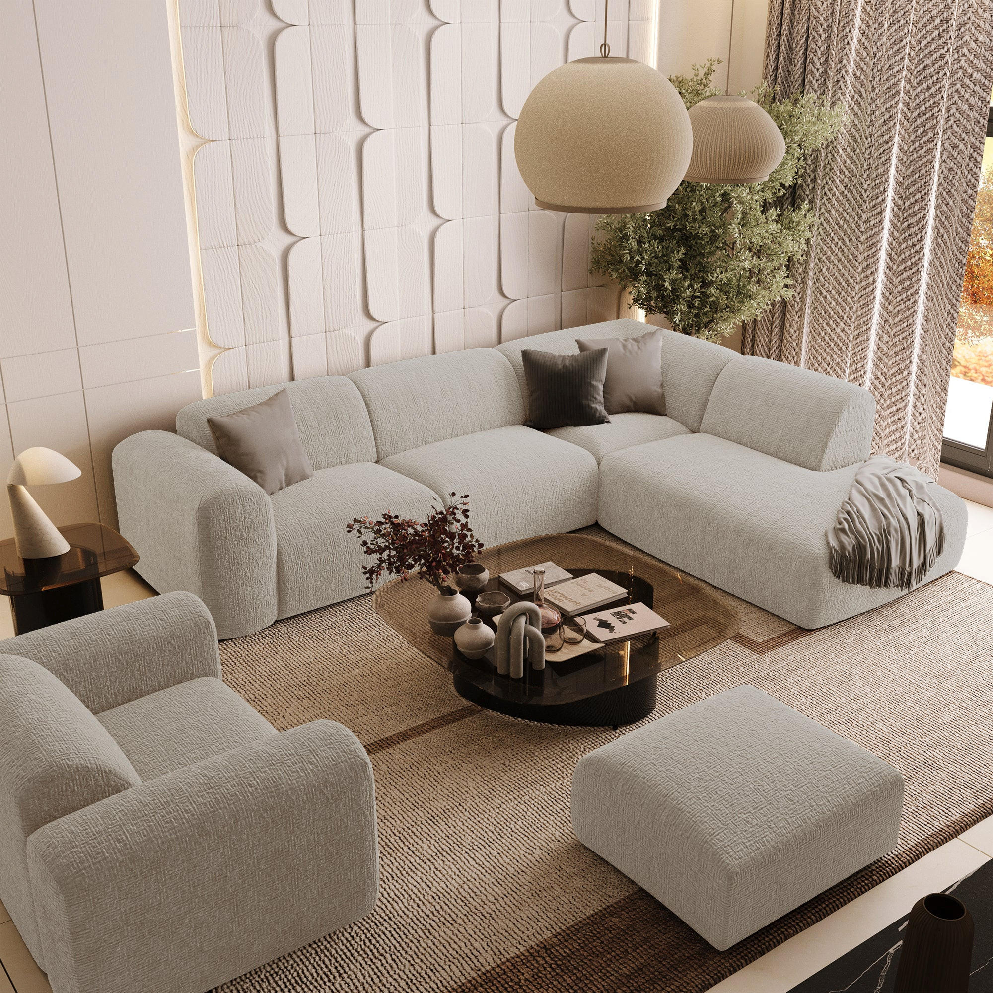 ECKSOFA RECHTS Gemusterter Samt Beige 269cm - Beige, Textil (269/221cm) - Sia Home