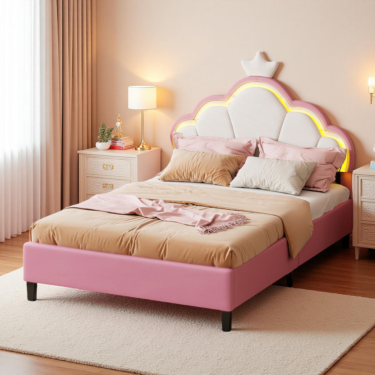 POLSTERBETT 90x200 cm Rosa Weiß Samt LED Krone Verstellbar - Pink, Holz (90/200cm) - SHOPENTRA