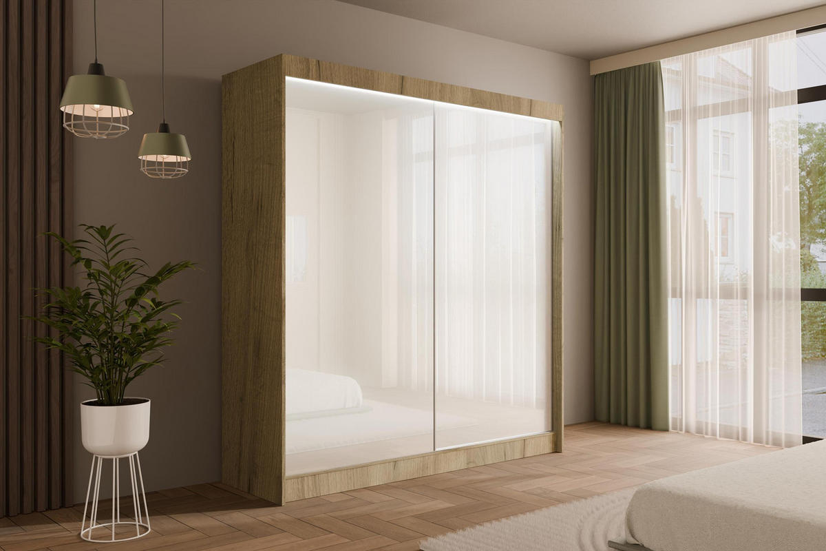 KLEIDERSCHRANK PEKA mit LED - 200 cm - Eichefarben|Weiß - Eichefarben/Weiß, Holzwerkstoff (200/215/61cm) - ALTDECOR