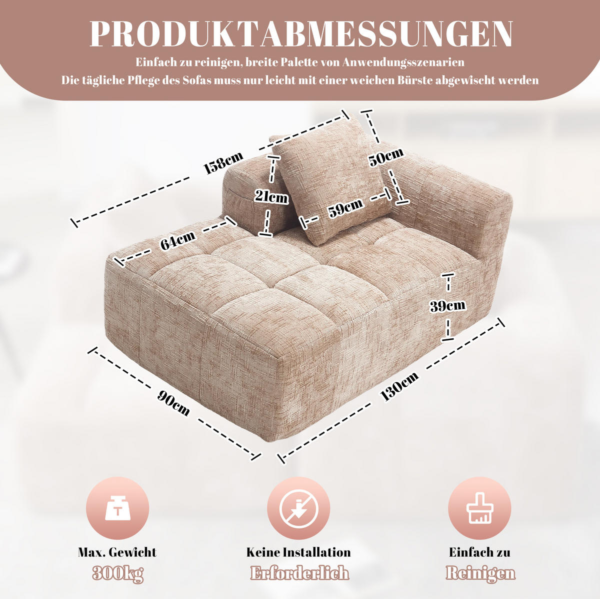 CHAISELONGUE Sofa Chenille mit Seitentaschen und Kissen 158/90/60 cm Sandfarben - Sandfarben, Textil (60/158/90cm) - Redom