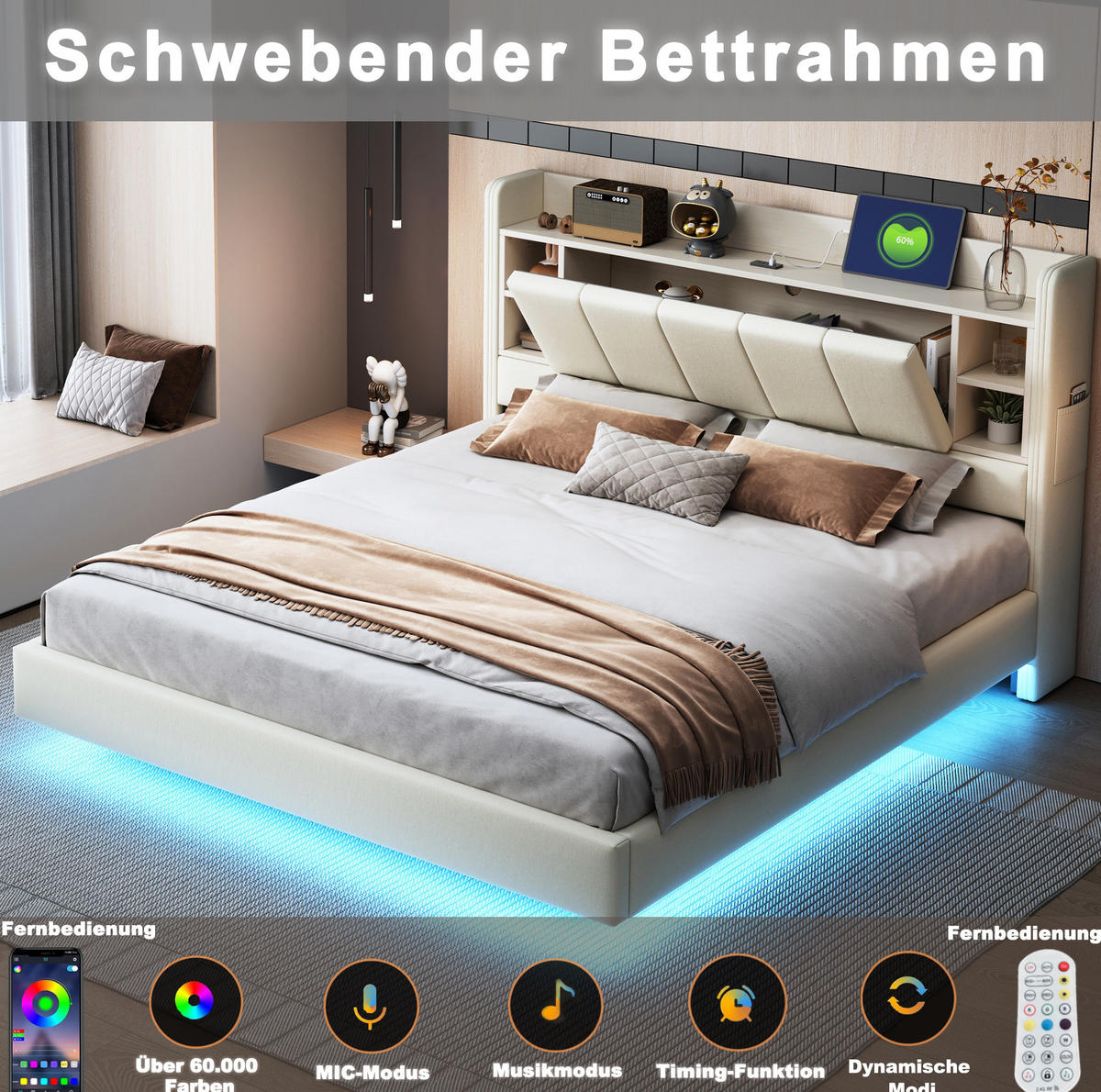 POLSTERBETT mit LED-Beleuchtung 160/200 cm mit USB und Stauraum in Beige - Beige, Textil (160/200cm) - BEAOK
