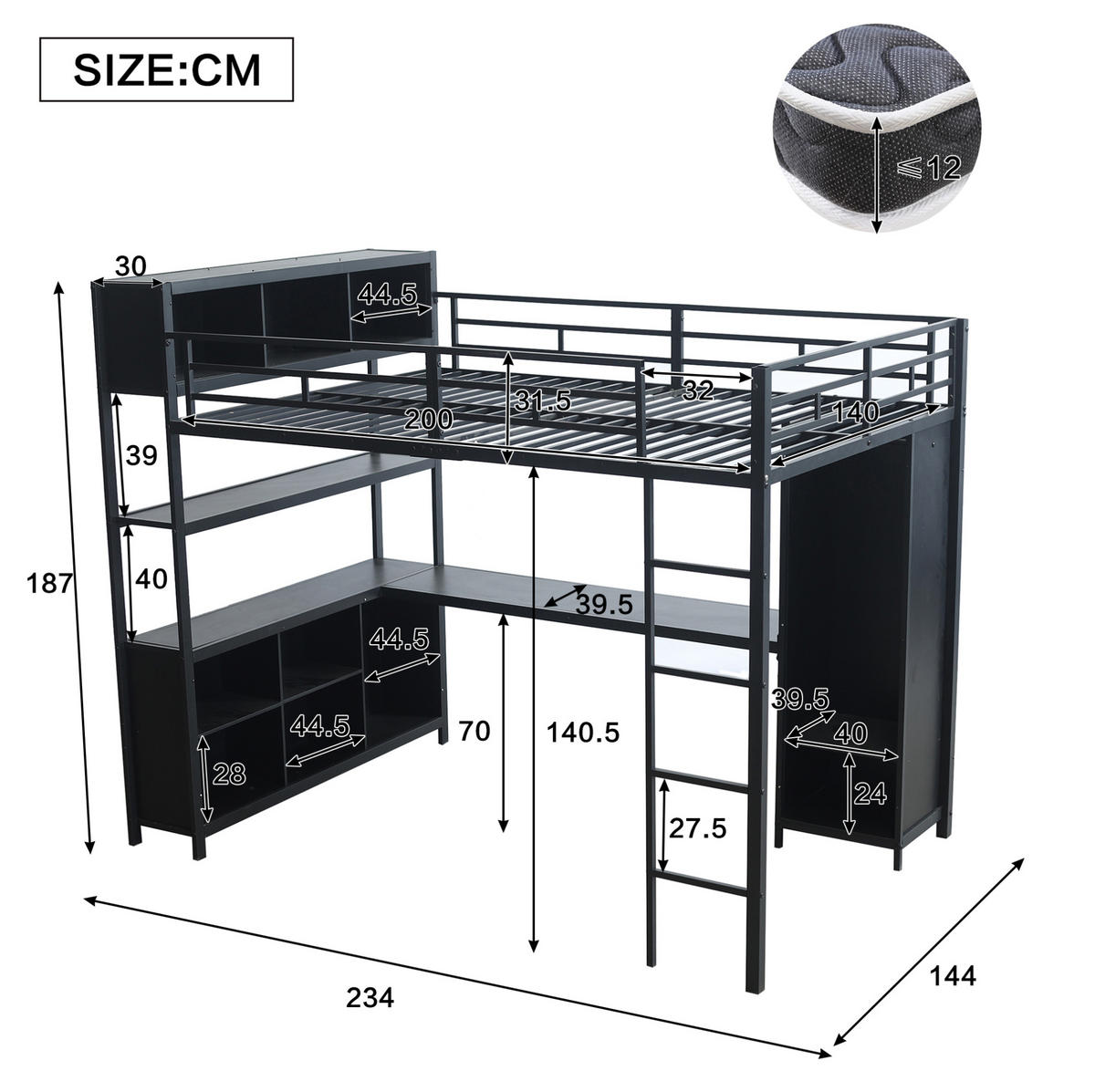 PATROVÁ postel 140/200 cm černá, vyrobená z litiny a dřevotřísky s psacím stolem, úložným prostorem a šatní skříní - černá, kov (90/200cm) - OKWISH