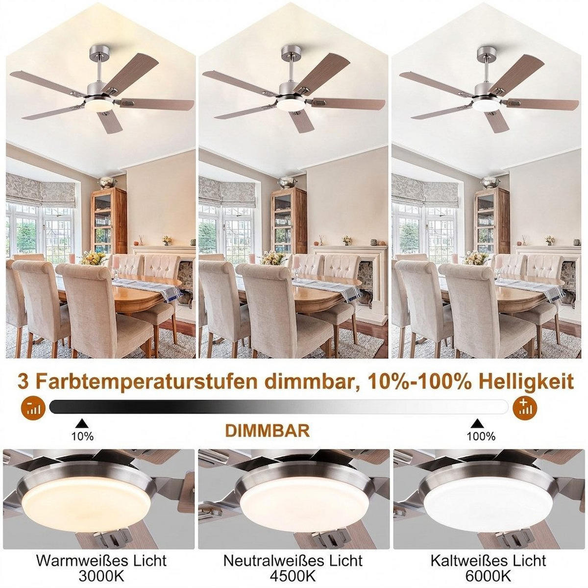 DECKENVENTILATOR mit LED-Licht 3 Farben und Fernbedienung DC-Motor - Silberfarben, Metall (132/132/46cm) - BEXEVUE