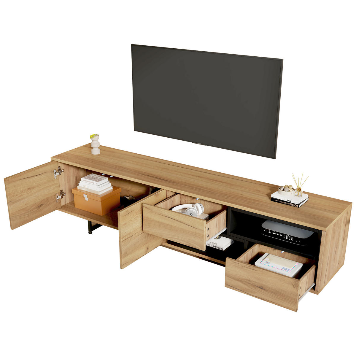 TV-LOWBOARD aus Spanplatte 173x38x48 cm Holzfarben mit Stauraum, Kabeldurchlass und offenen Fächern - Naturfarben, Holzwerkstoff (173/48/38cm) - Modfu