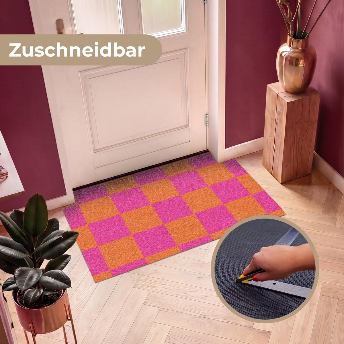 ROHOŽKA Šachovnicový potisk - Oranžová - Růžová - Bloky 120x80 cm - růžová, textil/umělá hmota (120/0.4cm) - MuchoWow