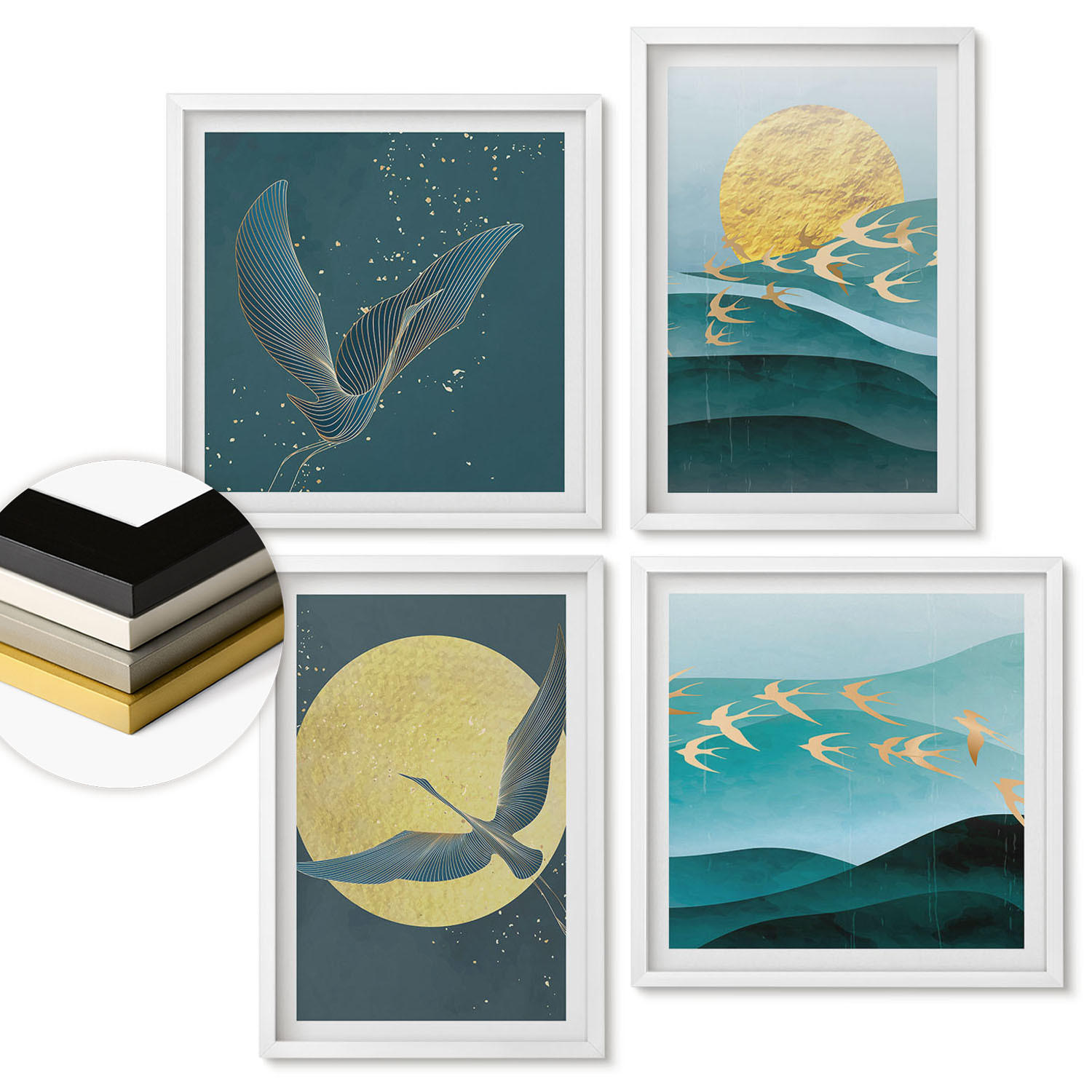 WANDBILDER 4er-Set - 50x50 cm & 40x60 cm Weißer Rahmen - Stilvolle Landschaften mit Vögeln - Weiß, Kunststoff (50/50cm) - ArtPrintCave