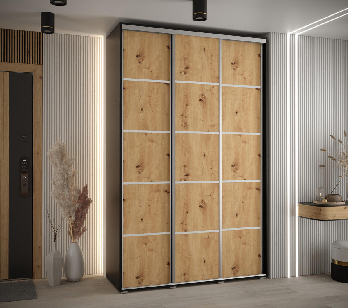 SCHWEBETÜRENSCHRANK 235,2/160/60 3-türig - Silberfarben/Schwarz, Holz/Metall (160/235/60cm) - Abiks Möbel