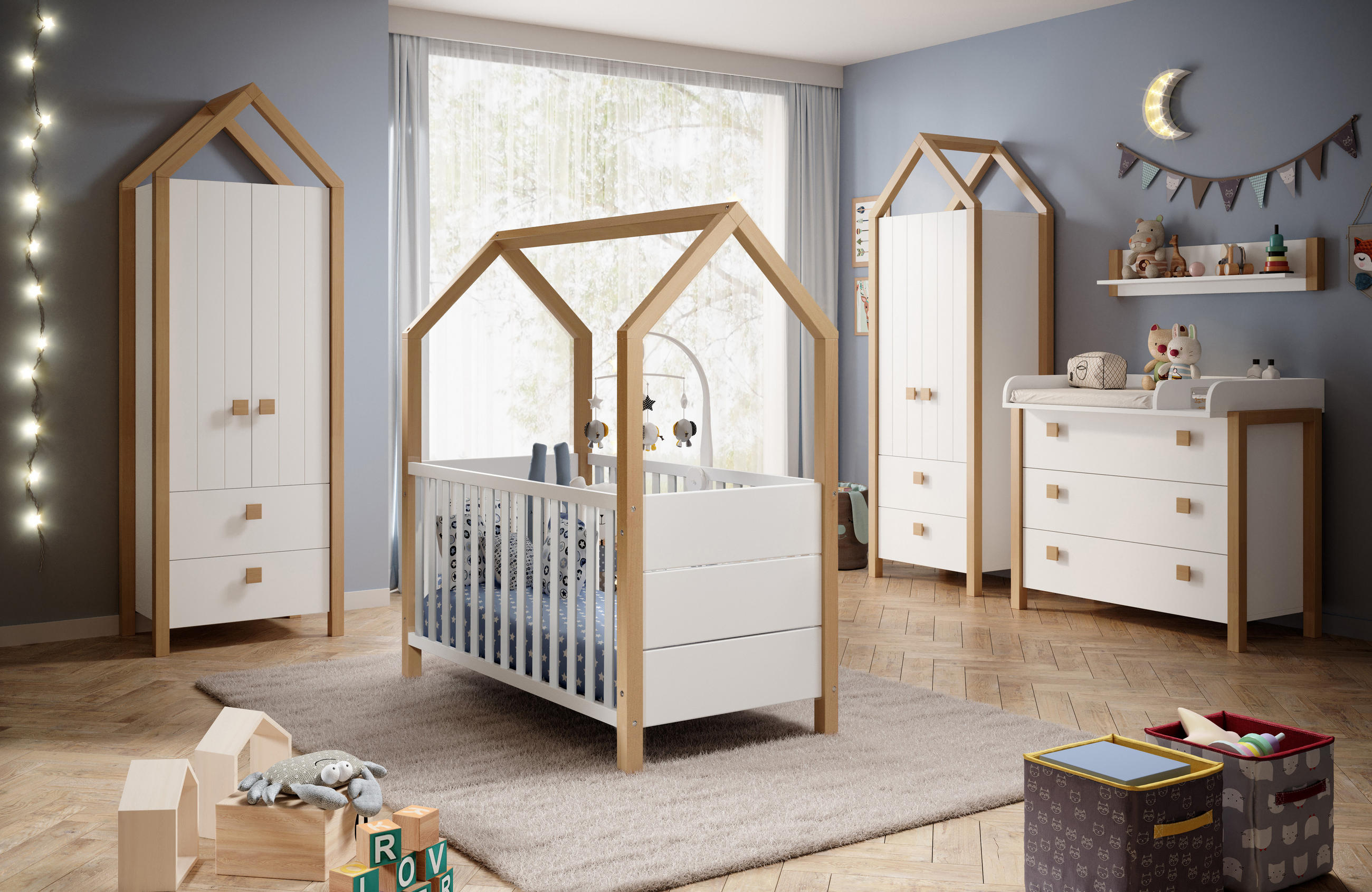 BABYZIMMER Beach in Kiefer Weiß teilmassiv mit Absetzungen Birke massiv 6 teilig - Kinderzimmer Komplett Set - Weiß, Holzwerkstoff (80/200/120cm)