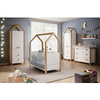 BABYZIMMER Beach in Kiefer Weiß teilmassiv mit Absetzungen Birke massiv 6 teilig - Kinderzimmer Komplett Set - Weiß, Holzwerkstoff (80/200/120cm)