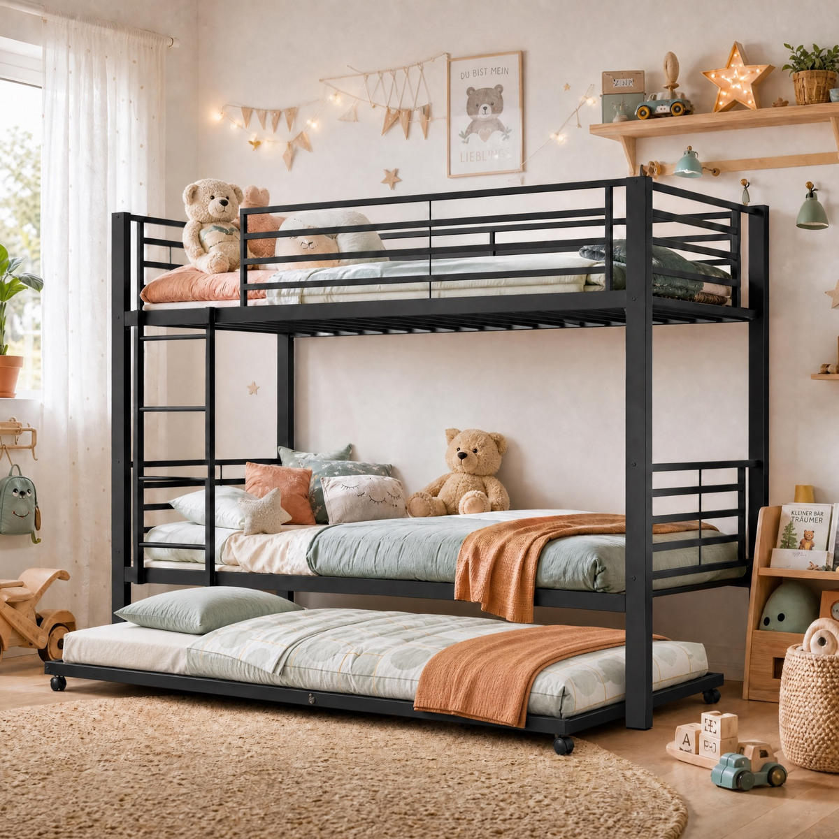 ETAGENBETT 90/200 cm in Schwarz aus Metall mit Bett für 3 Schlafplätze - Schwarz, Metall (90/200cm) - Flora Grace