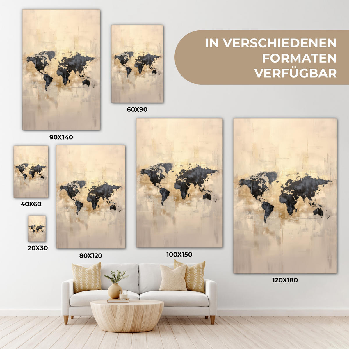LEINWANDBILD Weltkarte - Gold - Schwarz - Abstrakt 90x140 cm - Kupferfarben, Textil (90/140cm) - MuchoWow