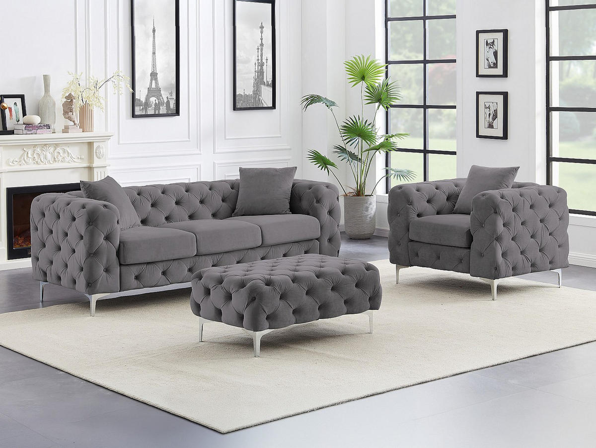 CHESTERFIELD-SOFA 3-Sitzer, Chesterfield-Sessel & Chesterfield-Hocker - Samt - Anthrazit - EDWINA - Anthrazit, Textil (91/76/220cm) - Vente-Unique