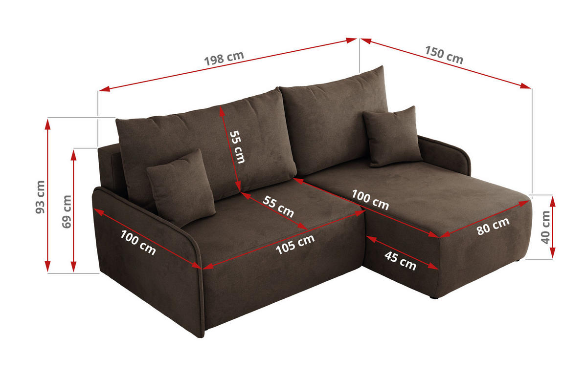 ECKSCHLAFSOFA ARPA L Braun Velvet - rechts - Schwarz/Braun, Kunststoff/Textil (150/198cm) - MKS