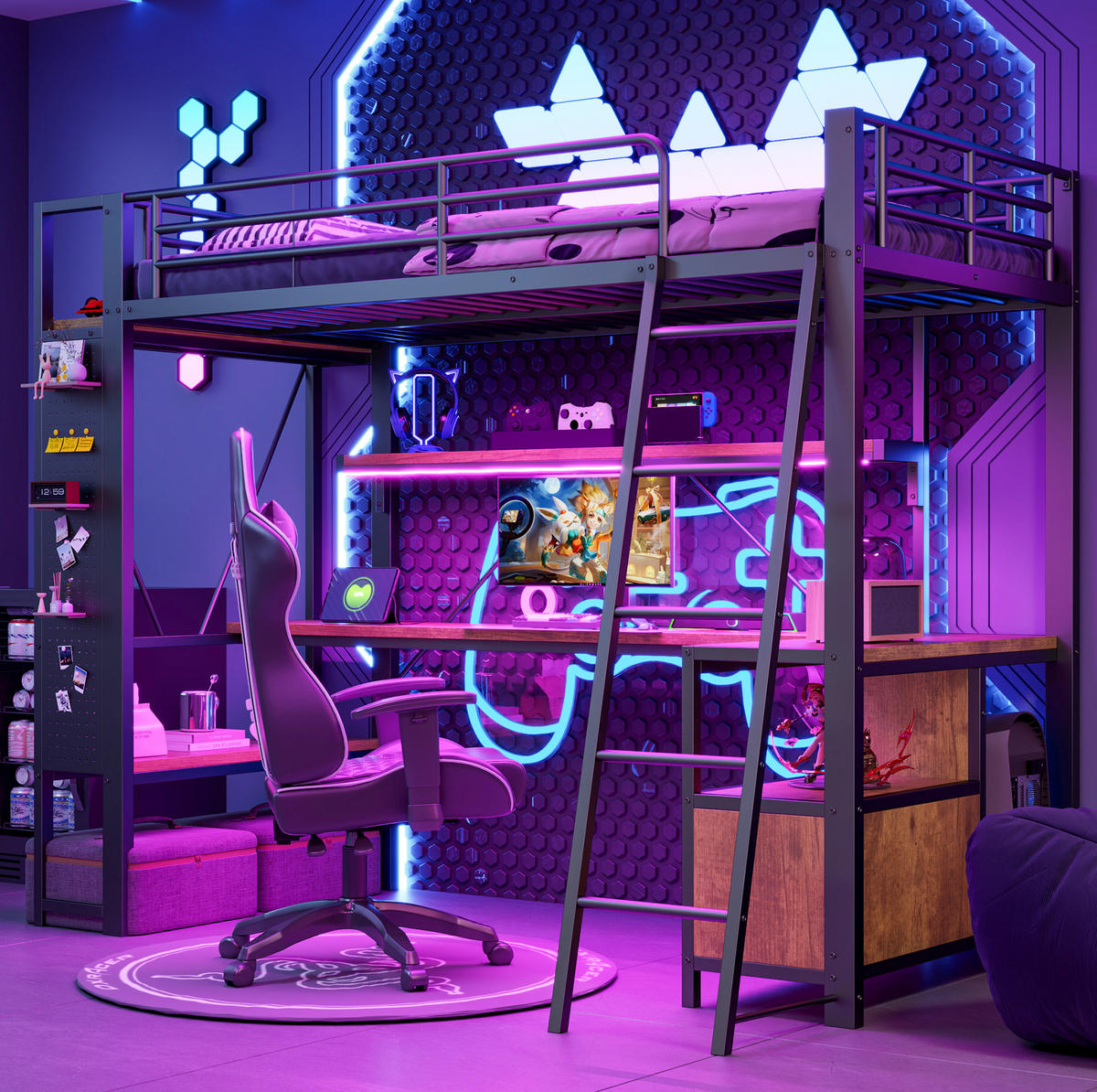 HOCHBETT 90/200 cm Schwarz aus Metall mit Schreibtisch und Stauraum - Schwarz, Metall (90/200cm) - OKMYHOME