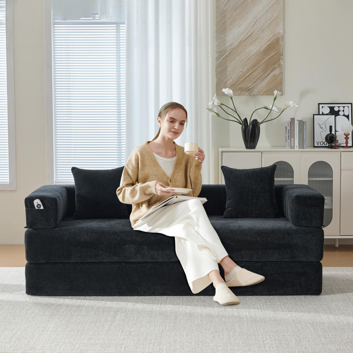 SOFA modular 198 x 79 cm Chenille Black - Schwarz, Kunststoff (31.1/23.62/77.95cm) - Meubliv