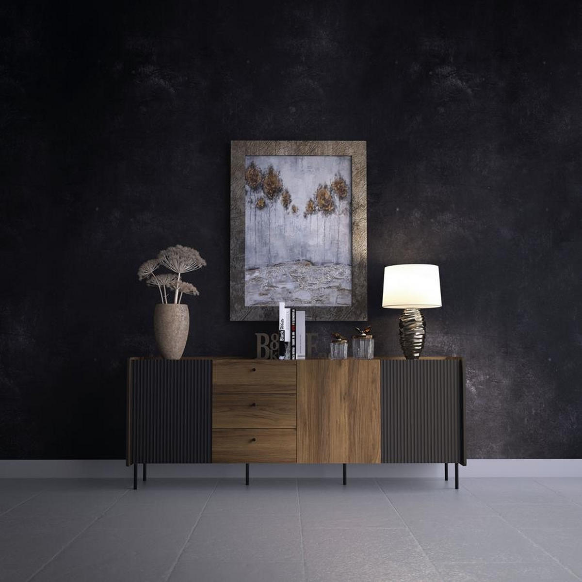 KOMMODE Prestigo Schwarz, Warmia Walnuss, Dreitürige Kommode mit Schubladen - Walnussfarben/Schwarz, Holzwerkstoff (200/78/40cm) - Bettso