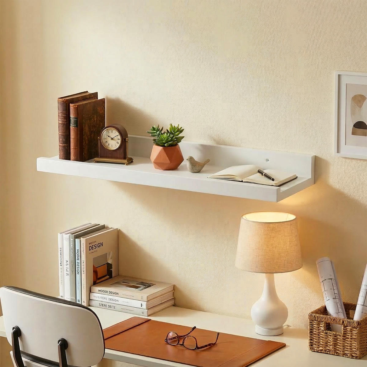 STENNÁ polica - biela, drevo (60/5/15cm) - Relaxdays